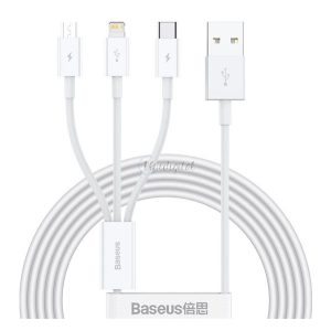 BASEUS töltőkábel 3in1 (USB - lightning/microUSB/Type-C, nylon, gyorstöltő, 150cm) FEHÉR