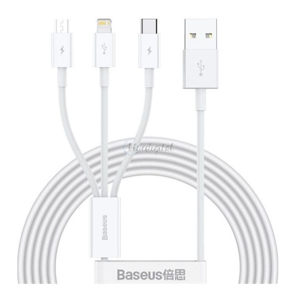 BASEUS töltőkábel 3in1 (USB - lightning/microUSB/Type-C, nylon, gyorstöltő, 150cm) FEHÉR