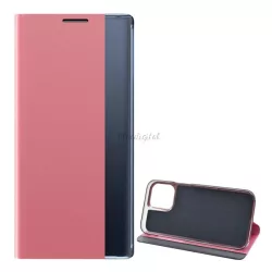  Tok álló, textil hatású (aktív FLIP, oldalra nyíló, asztali tartó funkció, Smart View Cover) RÓZSASZÍN Apple iPhone 13 Pro Max