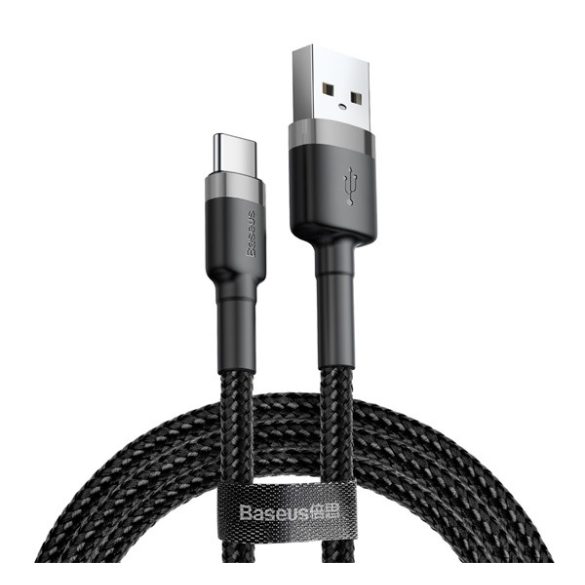 BASEUS CAFULE adatkábel (USB - Type-C, 3A, PD gyorstöltő 3.0, 50cm, cipőfűző) FEKETE/SZÜRKE