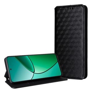 Tok álló, bőr hatású (FLIP, oldalra nyíló, asztali tartó funkció, teljes 3D rombusz minta, prémium) FEKETE Samsung Galaxy S22 5G (SM-S901)