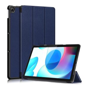 Tok álló, bőr hatású (aktív FLIP, oldalra nyíló, TRIFOLD, asztali tartó) SÖTÉTKÉK Realme Pad