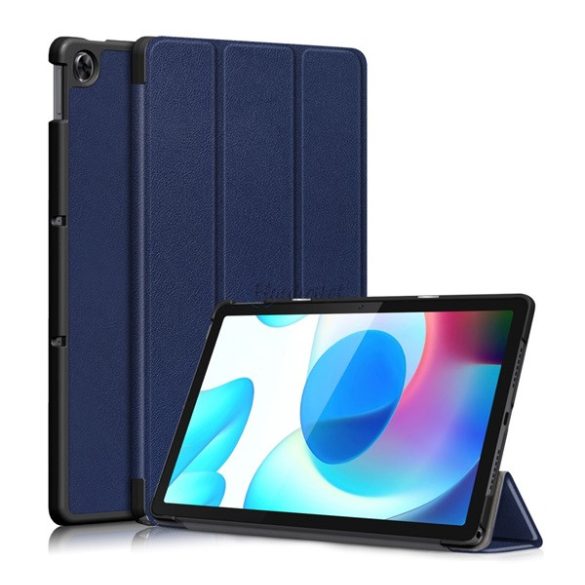 Tok álló, bőr hatású (aktív FLIP, oldalra nyíló, TRIFOLD, asztali tartó) SÖTÉTKÉK Realme Pad