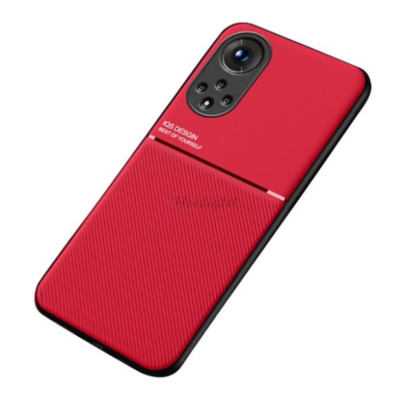 Műanyag telefonvédő (szilikon keret, közepesen ütésálló, beépített fémlemez, bőr hatású hátlap, csíkos minta) PIROS Huawei Nova 9, Honor 50