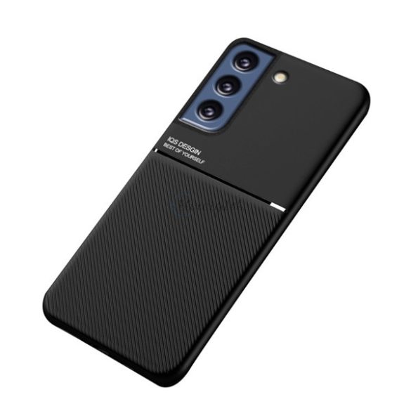 Műanyag telefonvédő (szilikon keret, közepesen ütésálló, beépített fémlemez, bőr hatású hátlap, csíkos minta) FEKETE Samsung Galaxy S21 FE (SM-G990)