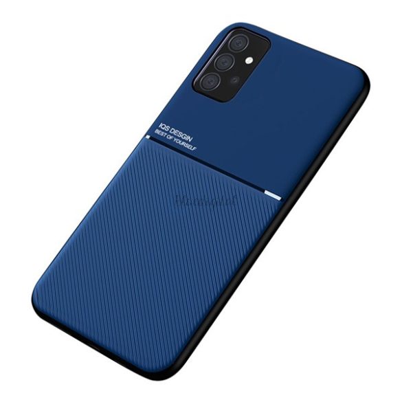 Műanyag telefonvédő (szilikon keret, közepesen ütésálló, beépített fémlemez, bőr hatású hátlap, csíkos minta) SÖTÉTKÉK Samsung Galaxy A52 5G (SM-A526F), Samsung Galaxy A52s 5G (SM-A