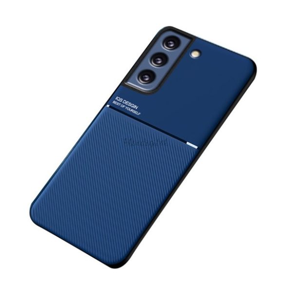 Műanyag telefonvédő (szilikon keret, közepesen ütésálló, beépített fémlemez, bőr hatású hátlap, csíkos minta) SÖTÉTKÉK Samsung Galaxy S21 FE (SM-G990)