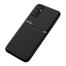   Műanyag telefonvédő (szilikon keret, közepesen ütésálló, beépített fémlemez, bőr hatású hátlap, csíkos minta) FEKETE Samsung Galaxy A52 5G (SM-A526F), Samsung Galaxy A52s 5G (SM-A528),