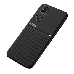   Műanyag telefonvédő (szilikon keret, közepesen ütésálló, beépített fémlemez, bőr hatású hátlap, csíkos minta) FEKETE Huawei Nova 9, Honor 50