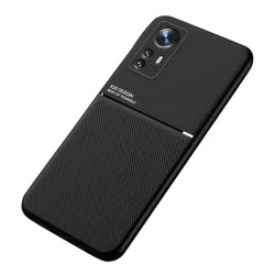   Műanyag telefonvédő (szilikon keret, közepesen ütésálló, beépített fémlemez, bőr hatású hátlap, csíkos minta) FEKETE Xiaomi 12X, Xiaomi 12