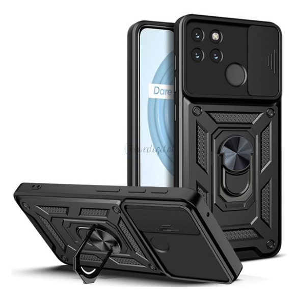 Defender műanyag telefonvédő (közepesen ütésálló, szilikon belső, telefontartó gyűrű, kamera védelem) FEKETE Realme C21Y, Realme C25Y