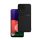 Műanyag telefonvédő (szilikon keret, közepesen ütésálló, beépített fémlemez, bőr hatású hátlap, csíkos minta) FEKETE Samsung Galaxy A22 5G (SM-A226)