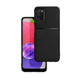   Műanyag telefonvédő (szilikon keret, közepesen ütésálló, beépített fémlemez, bőr hatású hátlap, csíkos minta) FEKETE Samsung Galaxy A03s (SM-A037F)