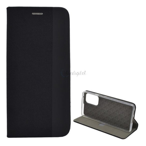 Tok álló, bőr hatású (FLIP, oldalra nyíló, asztali tartó funkció, textil minta) FEKETE Samsung Galaxy A53 (SM-A536) 5G