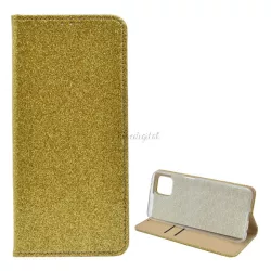   Tok álló, bőr hatású (FLIP, szilikon belső, oldalra nyíló, asztali tartó funkció, bankkártya tartó, csillogó) ARANY Oppo Reno 4 Z 5G