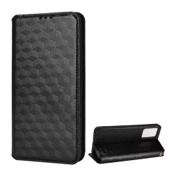   Tok álló, bőr hatású (FLIP, oldalra nyíló, asztali tartó funkció, teljes 3D rombusz minta, prémium) FEKETE Vivo V21 5G