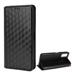   Tok álló, bőr hatású (FLIP, oldalra nyíló, asztali tartó funkció, teljes 3D rombusz minta, prémium) FEKETE Vivo Y11s