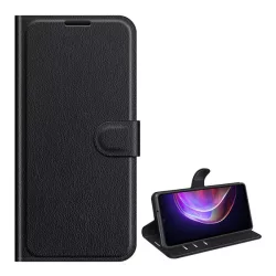   Tok álló, bőr hatású (FLIP, oldalra nyíló, asztali tartó funkció, prémium) FEKETE Vivo V21 5G