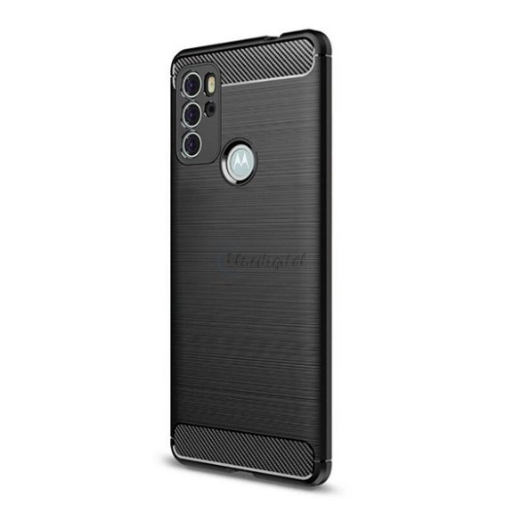 Szilikon telefonvédő (közepesen ütésálló, légpárnás sarok, szálcsiszolt, karbon minta) FEKETE Motorola Moto G60S (XT2133)