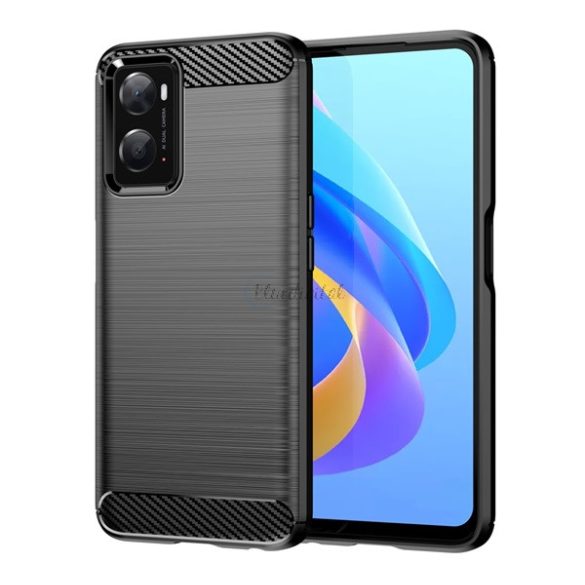 Szilikon telefonvédő (közepesen ütésálló, légpárnás sarok, szálcsiszolt, karbon minta) FEKETE Realme 9i, Oppo A96 4G