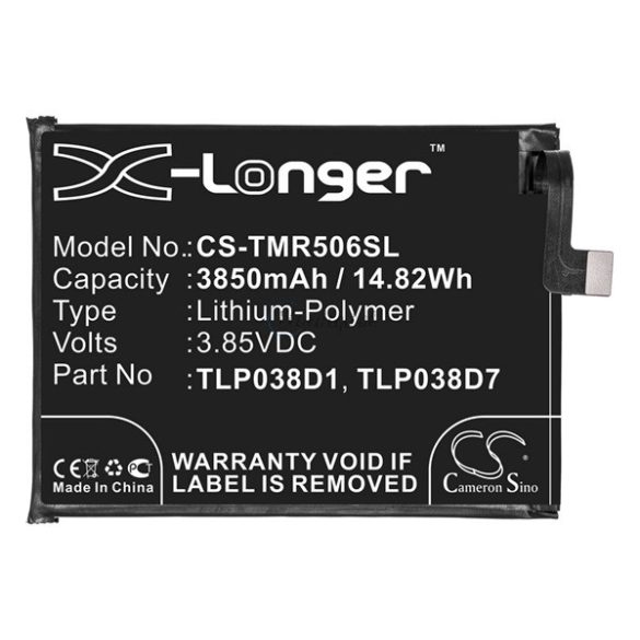 CAMERON SINO Li-Polymer akku (3,85V / 3850 mAh, Alcatel TLP038D1 / TLp038D7 kompatibilis) Alcatel 1S (2020) OT-5028D, Alcatel 3L (2020) OT-5029D, TCL 10 Lite (TCL 10L)