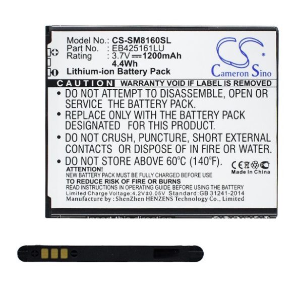 CAMERON SINO Li-Ion akku (3.7V/1200mAh, Samsung EB425161LA kompatibilis) Samsung Galaxy Ace 2 (GT-I8160), Samsung Galaxy S Duos (GT-S7562), Samsung Galaxy Trend II Duos (GT-S7572), Samsung Galaxy Trend II (GT-S7570), Samsung Trend (GT-S7560), 