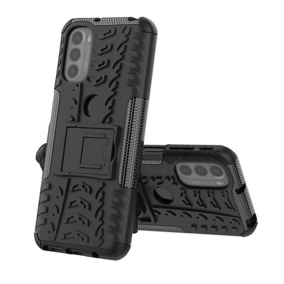 Defender műanyag telefonvédő (közepesen ütésálló, szilikon belső, kitámasztó, autógumi minta) FEKETE Motorola Moto G41 (XT2167), Motorola Moto G31 (XT2173)