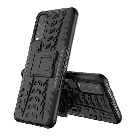 Defender műanyag telefonvédő (közepesen ütésálló, szilikon belső, kitámasztó, autógumi minta) FEKETE Vivo Y11s