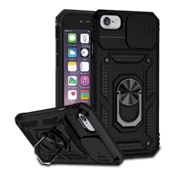   Defender műanyag telefonvédő (közepesen ütésálló, szilikon belső, telefontartó gyűrű, kamera védelem) FEKETE Apple iPhone 7 4.7, Apple iPhone 8 4.7, Apple iPhone SE 2 (2020), Apple iPhone