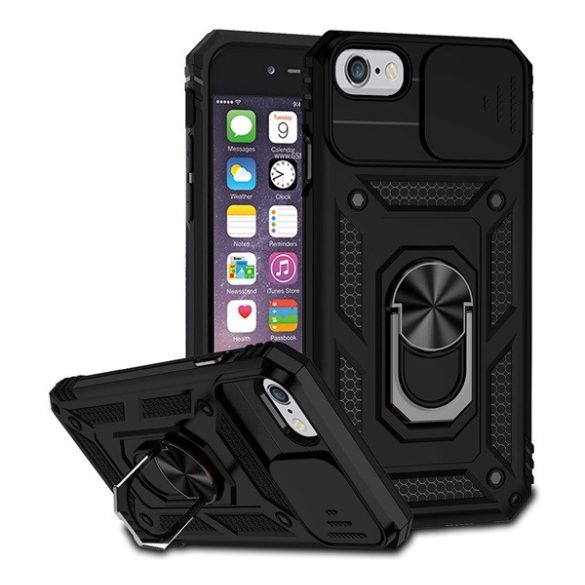 Defender műanyag telefonvédő (közepesen ütésálló, szilikon belső, telefontartó gyűrű, kamera védelem) FEKETE Apple iPhone 7 4.7, Apple iPhone 8 4.7, Apple iPhone SE 2 (2020), Apple iPhone