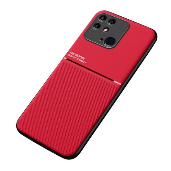 Műanyag telefonvédő (szilikon keret, közepesen ütésálló, beépített fémlemez, bőr hatású hátlap, csíkos minta) PIROS Xiaomi Redmi 10C