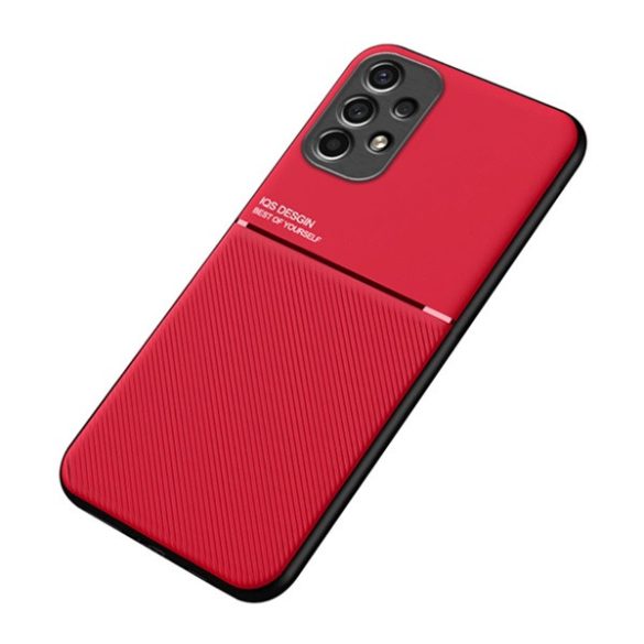 Műanyag telefonvédő (szilikon keret, közepesen ütésálló, beépített fémlemez, bőr hatású hátlap, csíkos minta) PIROS Samsung Galaxy A13 4G (SM-A135F / A137F)