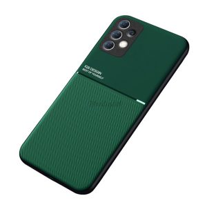 Műanyag telefonvédő (szilikon keret, közepesen ütésálló, beépített fémlemez, bőr hatású hátlap, csíkos minta) SÖTÉTZÖLD Samsung Galaxy A33 5G (SM-A336)