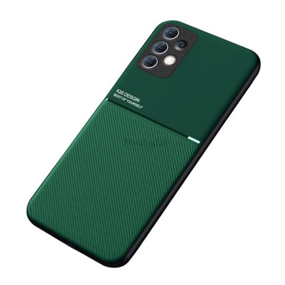Műanyag telefonvédő (szilikon keret, közepesen ütésálló, beépített fémlemez, bőr hatású hátlap, csíkos minta) SÖTÉTZÖLD Samsung Galaxy A33 5G (SM-A336)