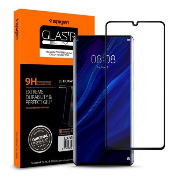 SPIGEN GLAS.TR CURVE képernyővédő üveg (3D full cover, extra karcálló, ujjlenyomatmentes, tokbarát, 0.33mm, 9H) FEKETE Huawei P30 Pro