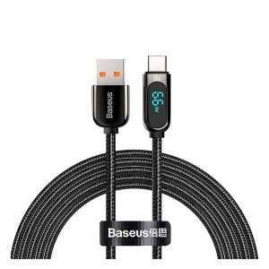 BASEUS adatkábel (USB - Type-C, 66W, gyorstöltő, 200cm, LED kijelző, cipőfűző) FEKETE