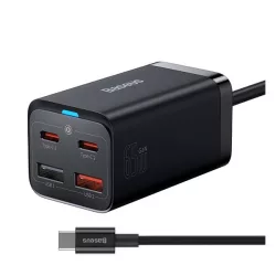   BASEUS hálózati töltő 2 USB+2 Type-C aljzat (65W, GaN3, PD gyorstöltő 4.0 + Type-C - Type-C kábel) FEKETE