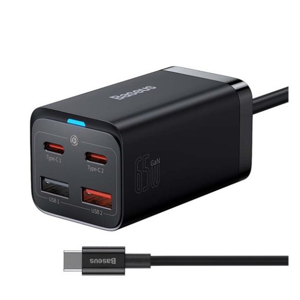 BASEUS hálózati töltő 2 USB+2 Type-C aljzat (65W, GaN3, PD gyorstöltő 4.0 + Type-C - Type-C kábel) FEKETE