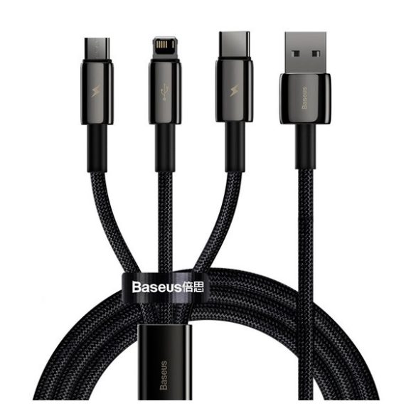 BASEUS töltőkábel 3in1 (USB - lightning/Type-C/microUSB, gyorstöltő, 150cm, törésgátló) FEKETE