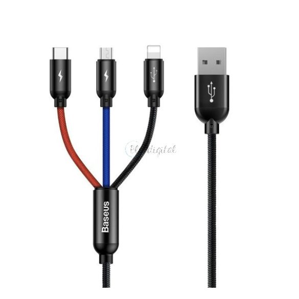BASEUS töltőkábel 3in1 (USB - lightning/Type-C/microUSB, 3.5A, 30cm, törésgátló) FEKETE