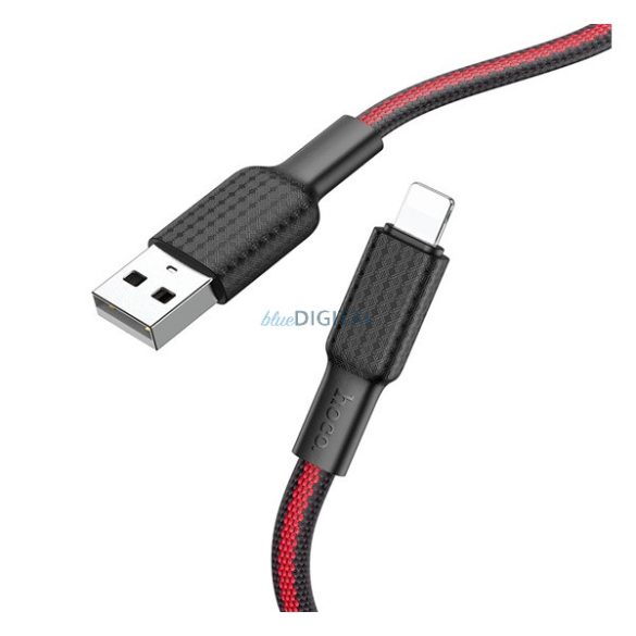 HOCO X69 adatkábel (USB - lightning, 2.4A, 100cm, törésgátló, cipőfűző) FEKETE/PIROS