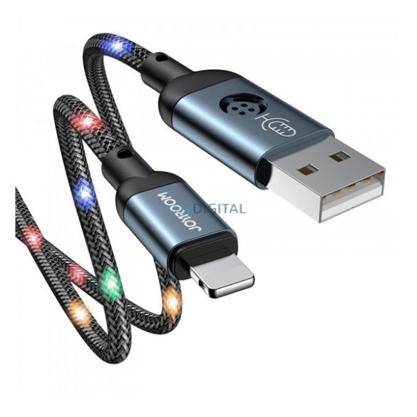 JOYROOM adatkábel és töltő (USB - lightning 8pin, 2.4A, 120cm, hangvezérlés, LED jelzés, cipőfűző minta) SZÜRKE