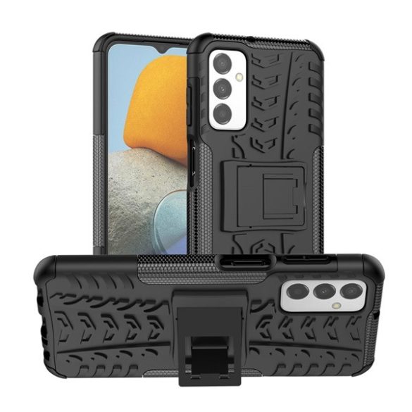 Defender műanyag telefonvédő (közepesen ütésálló, szilikon belső, kitámasztó, autógumi minta) FEKETE Samsung Galaxy M23 (SM-M236), Samsung Galaxy M13 (SM-M135)