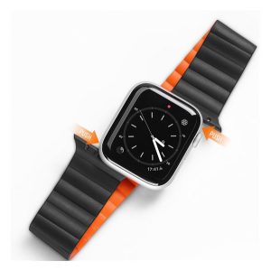 DUX DUCIS pótszíj (egyedi méret, kicsi, szilikon, bőr hatású, mágneses) FEKETE/NARANCSSÁRGA Apple Watch Series 2 38mm, Apple Watch Series 3 38mm, Apple Watch Series 4 40mm, Apple Watch Series 5 40mm, Apple Watch Series 6 40mm, Apple Watch Series SE 4