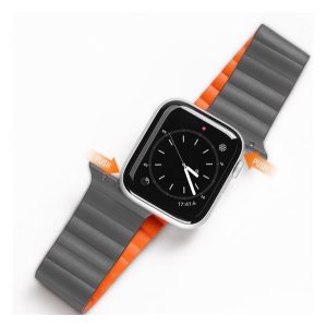 DUX DUCIS pótszíj (egyedi méret, kicsi, szilikon, bőr hatású, mágneses) SZÜRKE/NARANCSSÁRGA Apple Watch Series 2 38mm, Apple Watch Series 3 38mm, Apple Watch Series 4 40mm, Apple Watch Series 5 40mm, Apple Watch Series 6 40mm, Apple Watch Series SE 4