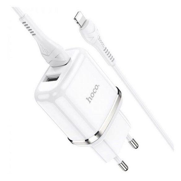 HOCO N4 ASPIRING hálózati töltő 2 USB aljzat (12W gyorstöltő + lightning kábel) FEHÉR