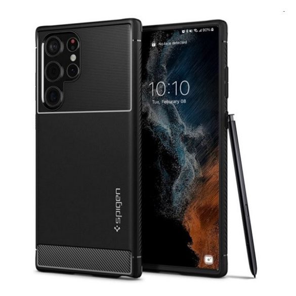 SPIGEN RUGGED ARMOR szilikon telefonvédő (közepesen ütésálló, légpárnás sarok, karbon minta) FEKETE Samsung Galaxy S22 Ultra 5G (SM-S908)