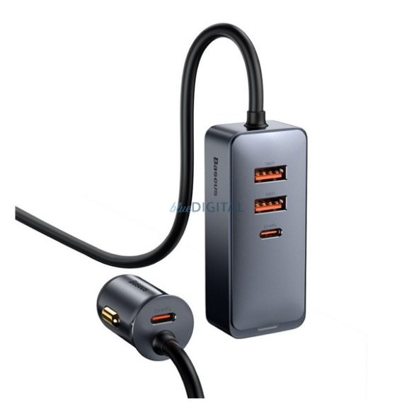 BASEUS szivargyújtó adapter (elosztó, 2 USB+2 Type-C aljzat, 24V, 120W, PD gyorstöltő, 150cm) SZÜRKE