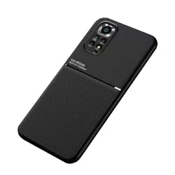   Műanyag telefonvédő (szilikon keret, közepesen ütésálló, beépített fémlemez, bőr hatású hátlap, csíkos minta) FEKETE Xiaomi Redmi Note 11 (Redmi Note 11S)
