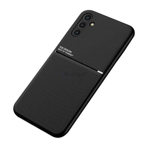 Műanyag telefonvédő (szilikon keret, közepesen ütésálló, beépített fémlemez, bőr hatású hátlap, csíkos minta) FEKETE Samsung Galaxy A13 5G (SM-A136), Samsung Galaxy A04s (SM-A047F)